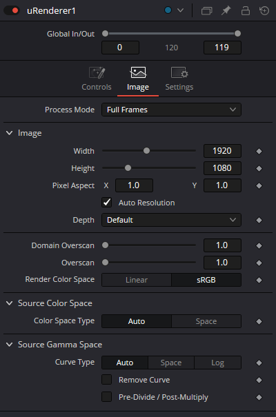 uRenderer Image tab with resolution, depth, overscan and color space controls