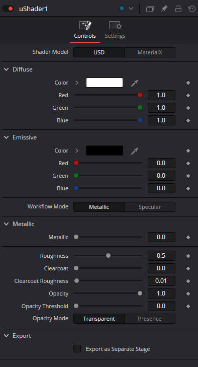 uShader Controls: Shader Model, Diffuse, Emissive, Metallic workflow, Opacity and Export