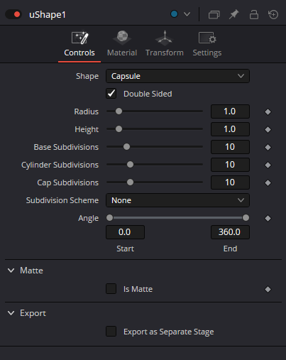 uShape Controls: Shape, Double Sided, Radius, Height, Subdivisions, Subdivision Scheme, Angle, Matte and Export