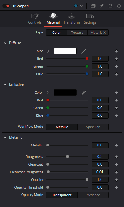 uShape Material: Diffuse, Emissive, Workflow Mode, Metallic, Roughness, Clearcoat, Opacity