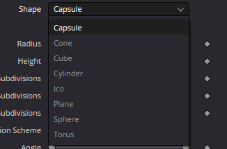 uShape Shape menu: Capsule, Cone, Cube, Cylinder, Ico, Plane, Sphere, Torus