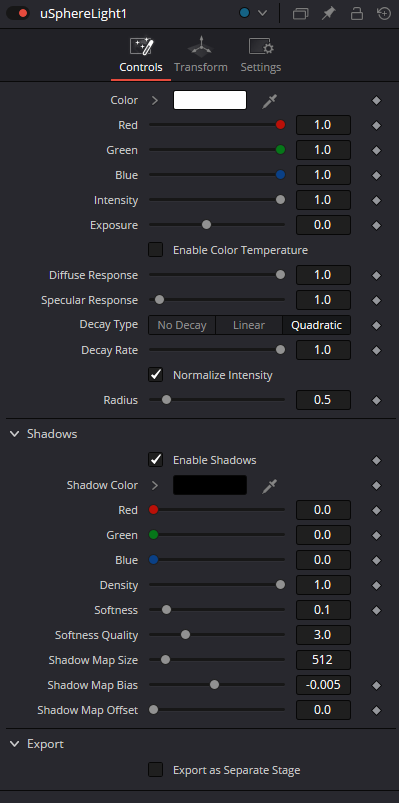 uSphereLight Controls: Color, Intensity, Exposure, Radius, Shadows and Export
