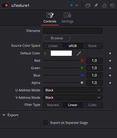 uTexture Controls: Filename, Source Color Space, Default Color, U/V Address Mode и Filter Type