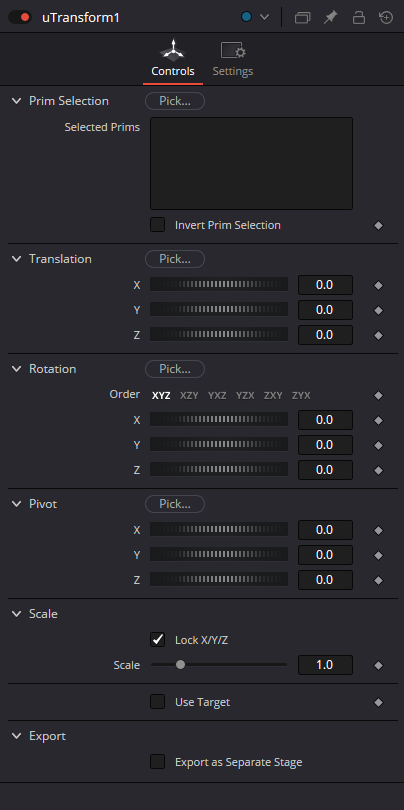uTransform Controls: Prim Selection, Translation, Rotation, Pivot, Scale, Use Target and Export as Separate Stage
