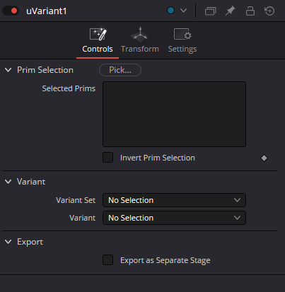 uVariant Controls: Prim Selection, Variant Set, Variant and Export as Separate Stage