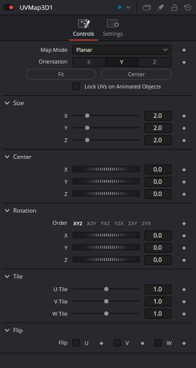 UVMap3D Controls: Map Mode, Orientation, Lock, Size, Center, Rotation, Tile and Flip