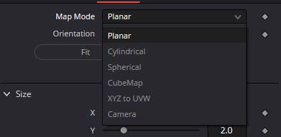 UVMap3D Map Mode menu with Planar, Cylindrical, Spherical, CubeMap, XYZ to UVW and Camera