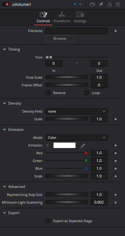 uVolume Controls: Filename, Timing, Density, Emission, Advanced and Export