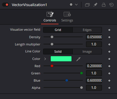 VectorVisualization — вкладка Controls: Visualize vector field, Density, Length multiplier, Line Color и RGBA
