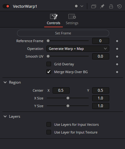 VectorWarp — вкладка Controls: Set Frame, Reference Frame, Operation, Smooth UV, Grid Overlay, Region и Layers