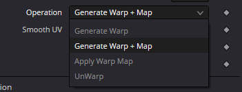 VectorWarp — раскрытый список Operation: Generate Warp, Generate Warp + Map, Apply Warp Map и UnWarp