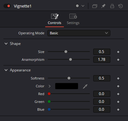 Vignette Controls: Operating Mode Basic, Shape Size, Anamorphism, Appearance Softness and Color