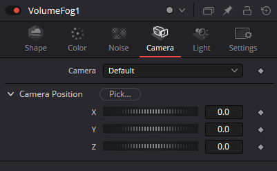 VolumeFog Camera tab: Camera selection and Camera Position