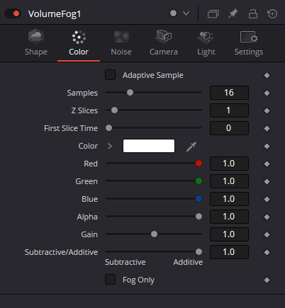 VolumeFog Color tab: Samples, Z Slices, Color, Gain, Subtractive/Additive and Fog Only