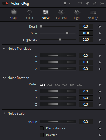 VolumeFog Noise tab: Detail, Gain, Brightness, Noise Translation, Rotation, Scale, Seethe, Discontinuous and Inverted