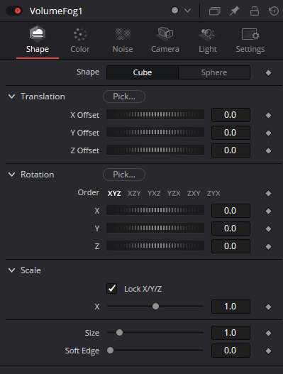 VolumeFog Shape tab: Cube/Sphere, Translation, Rotation, Scale, Size and Soft Edge