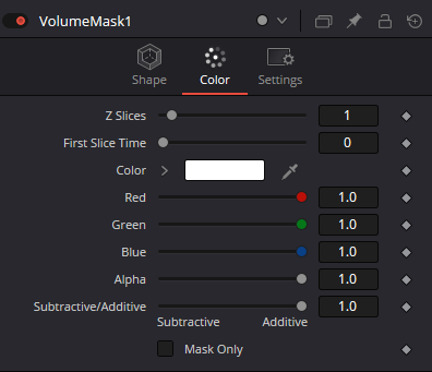 VolumeMask Color tab: Z Slices, First Slice Time, Color, RGBA, Subtractive/Additive and Mask Only