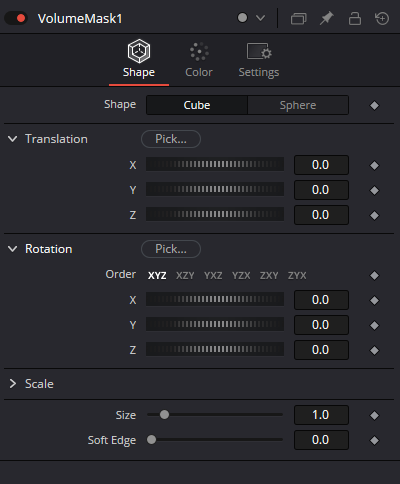 VolumeMask Shape tab: Cube/Sphere, Translation, Rotation, Scale, Size and Soft Edge