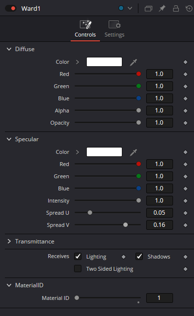 Ward Controls: Diffuse, Specular, Transmittance, Lighting, Shadows and Material ID