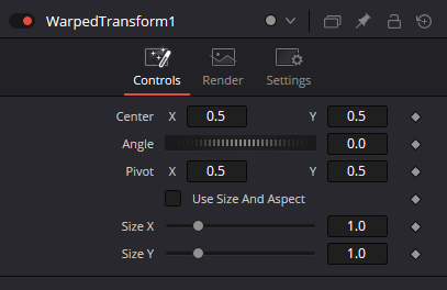 WarpedTransform — вкладка Controls: Center, Angle, Pivot, Use Size And Aspect, Size X и Size Y