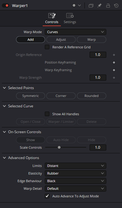 Warper Controls: Warp Mode, Add Adjust Warp, Selected Points, Selected Curve, On-Screen Controls and Advanced Options