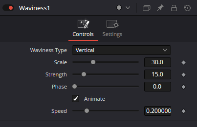 Waviness — вкладка Controls: Waviness Type, Scale, Strength, Phase, Animate и Speed