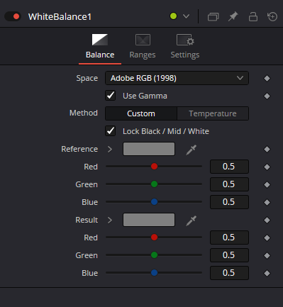 WhiteBalance Balance: Space, Use Gamma, Custom Method, Reference and Result RGB controls