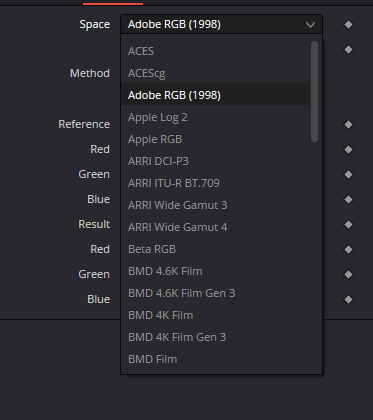WhiteBalance Space menu with ACES, ACEScg, Adobe RGB, Apple Log, ARRI and BMD spaces