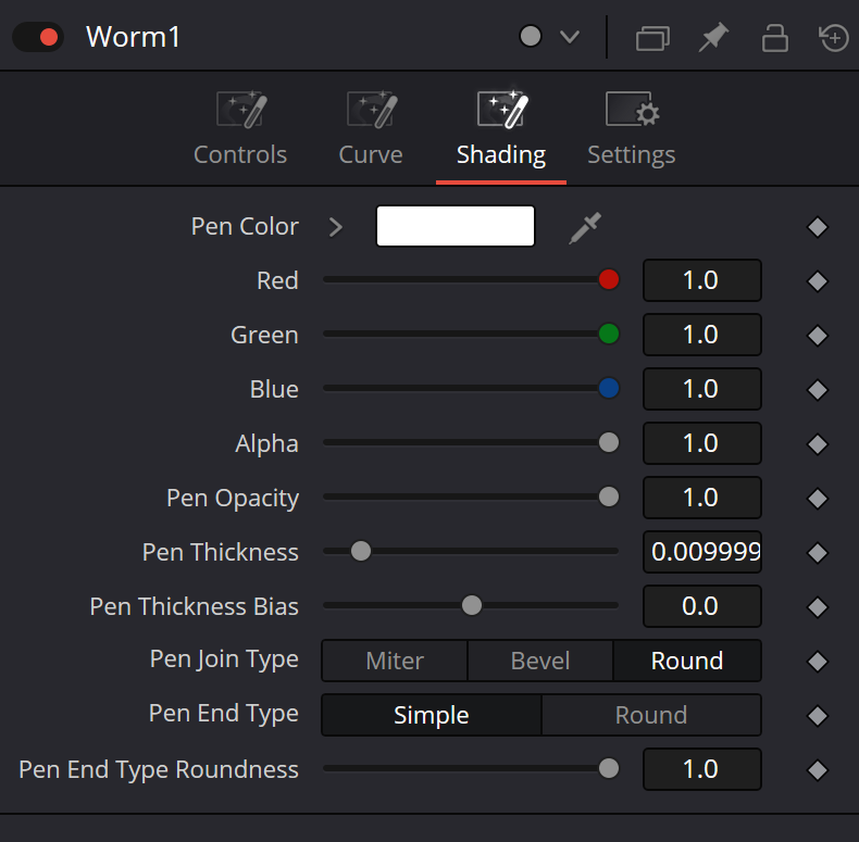Worm Shading: Pen Color, RGBA, opacity, thickness, join and end type controls