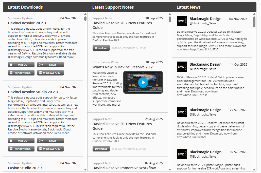 Страница загрузки DaVinci Resolve 20 на сайте Blackmagic Design
