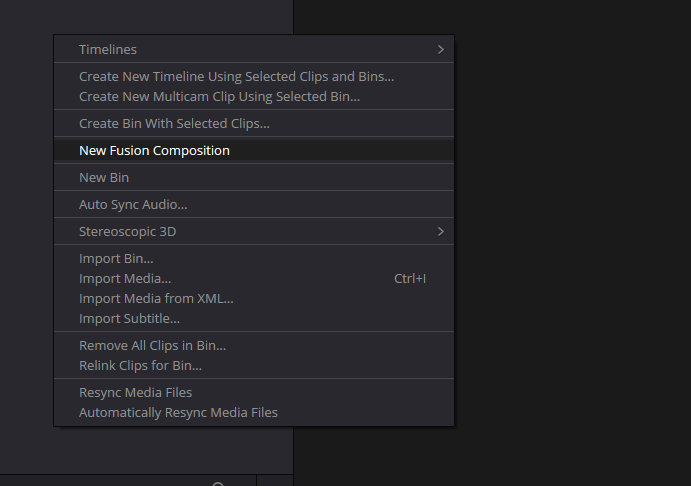 Создание Fusion Composition во вкладке Edit